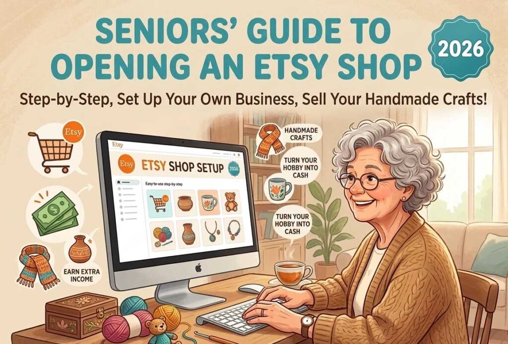 Senior woman setting up an Etsy shop to sell handmade crafts in 2026