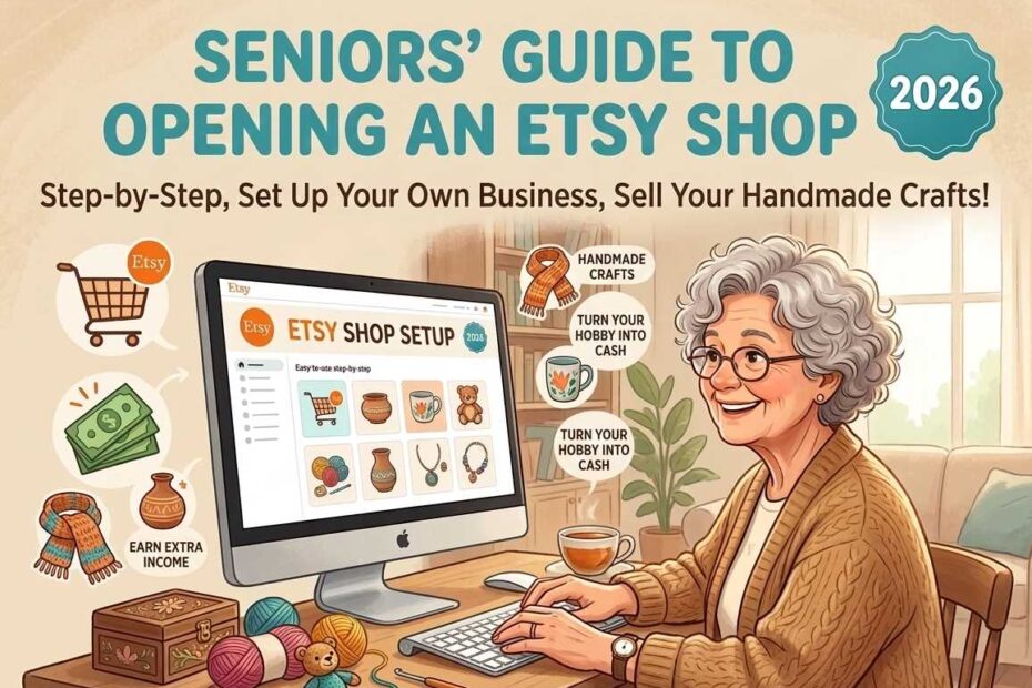 Senior woman setting up an Etsy shop to sell handmade crafts in 2026