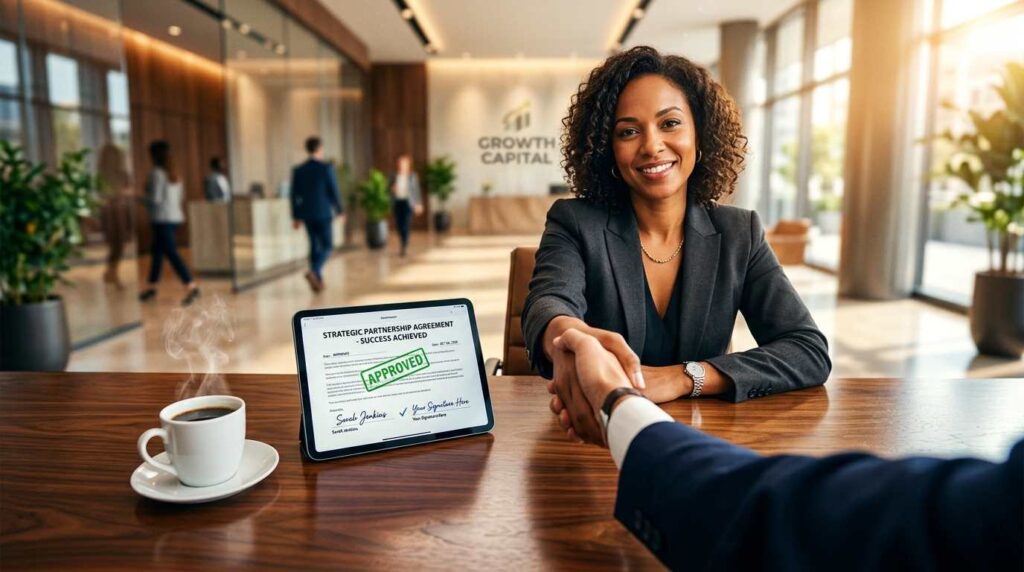 A senior professional closing their first consulting deal with a handshake.