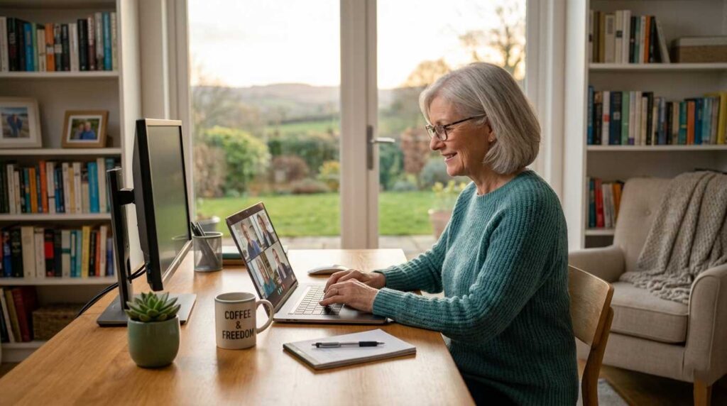 A senior female professional with white hair and glasses smiling during a remote video conference call from her comfortable home office overlooking a garden.