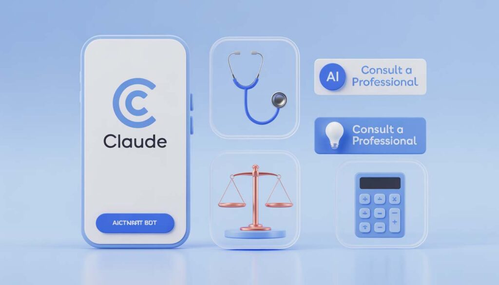  A digital representation of Claude AI for seniors showing a "check-in with experts" reminder for legal and medical advice.