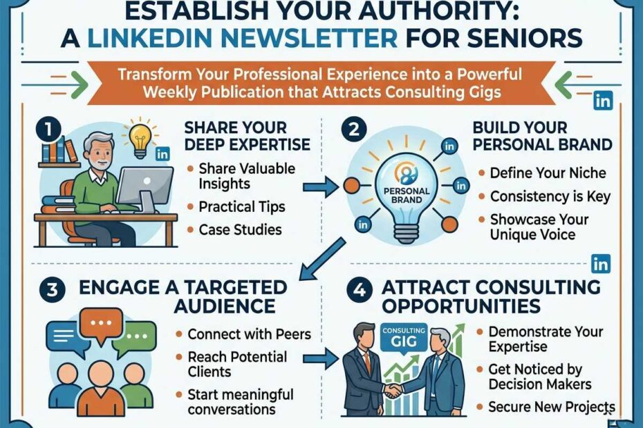 An infographic for seniors showing how to establish authority and attract consulting gigs through a LinkedIn Newsletter.