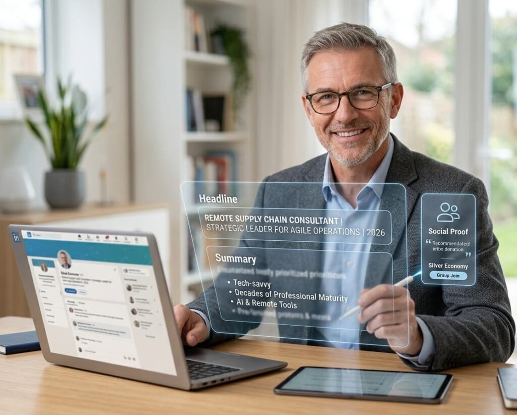 A confident senior male professional in his 50s optimizing his LinkedIn profile on a laptop for remote work in 2026.