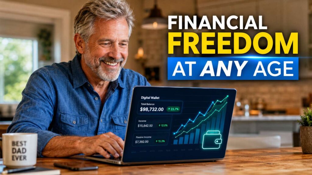 A modern American senior smiling and confidently working on a laptop with glowing green AI data visualizations on the screen, home office background.