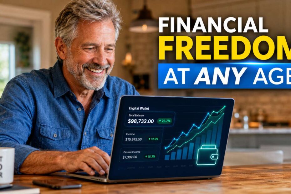 A modern American senior smiling and confidently working on a laptop with glowing green AI data visualizations on the screen, home office background.