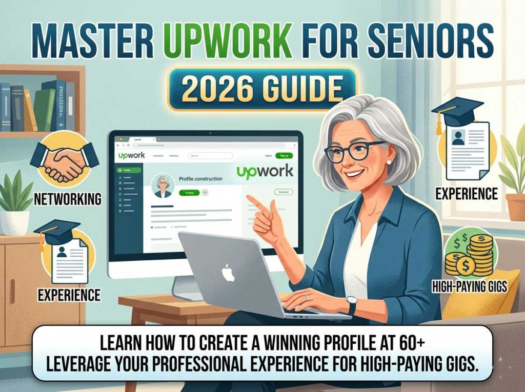 Professional senior woman using a laptop to create an Upwork profile for high-paying freelance gigs.