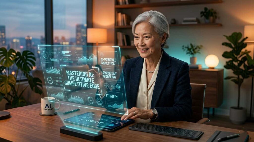 A sophisticated senior woman with silver hair using a holographic AI interface in a modern home office, titled Mastering AI for Seniors.