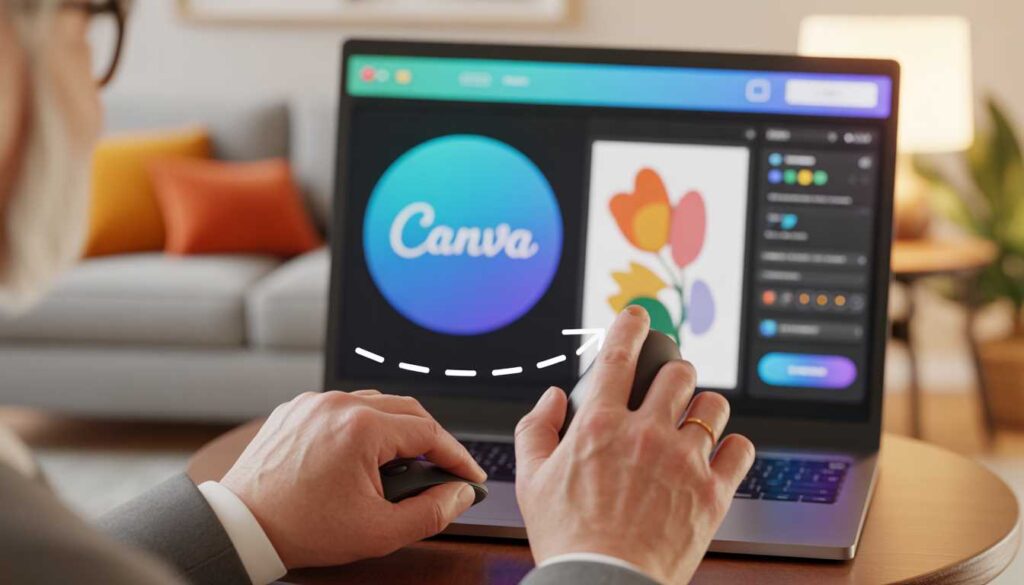 A close-up of a senior person's hands using a computer mouse to drag and drop elements in the Canva editor.