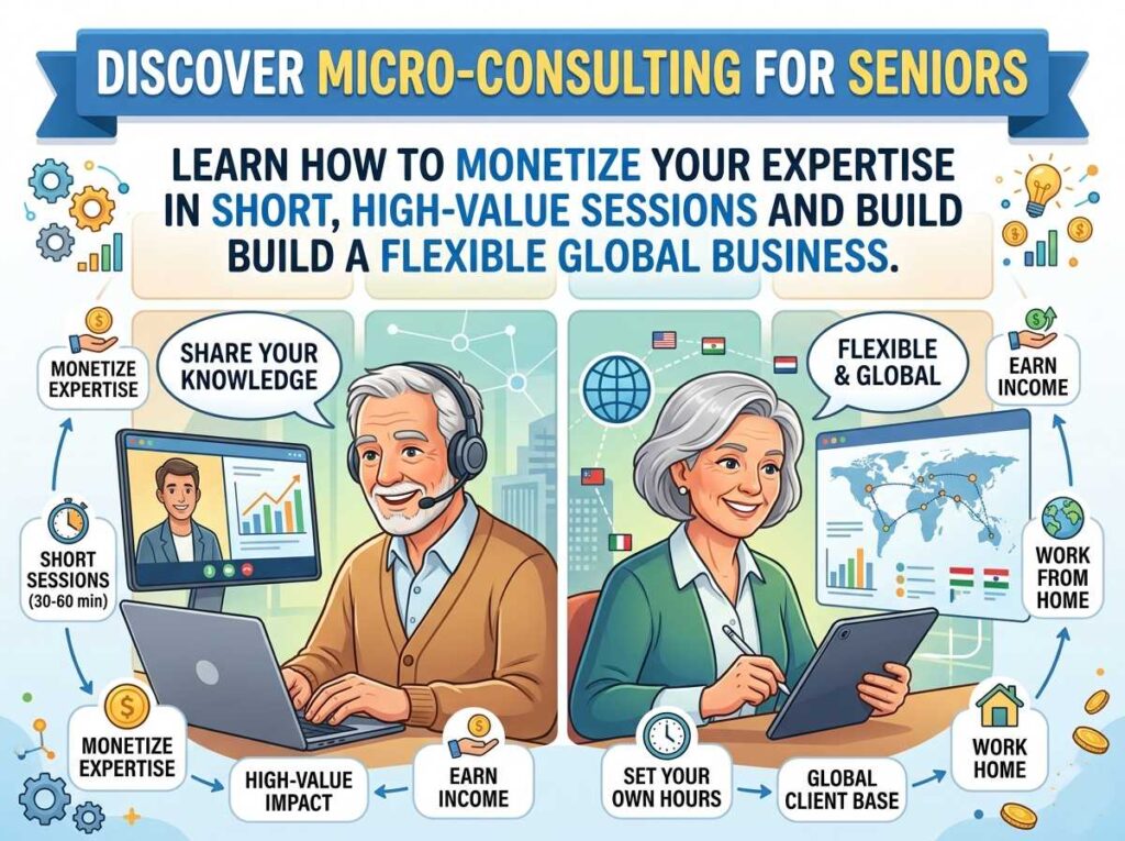 Senior professionals engaged in micro-consulting sessions using laptops and tablets for a global business.