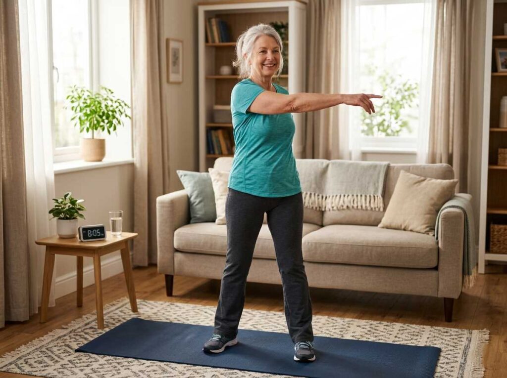 For Morning Exercises For Seniors : A cheerful senior woman performing morning exercises for seniors in her living room to improve mobility.