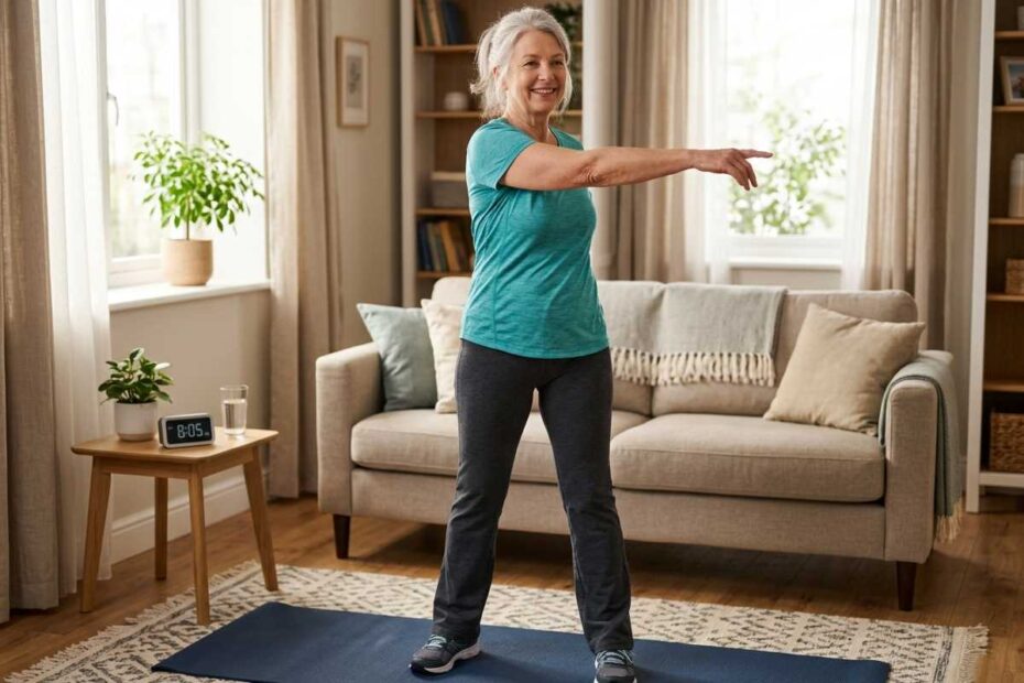 A cheerful senior woman performing morning exercises for seniors in her living room to improve mobility.