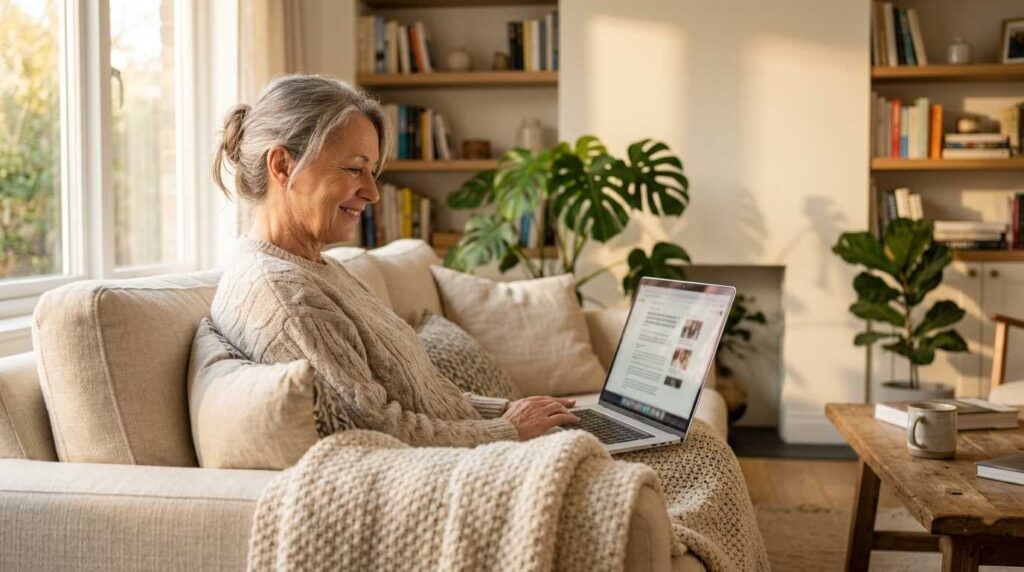 Senior woman working from home on laptop without phone calls, relaxed and happy