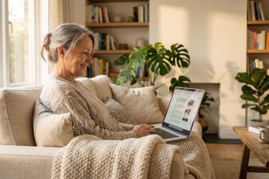 Senior woman working from home on laptop without phone calls, relaxed and happy