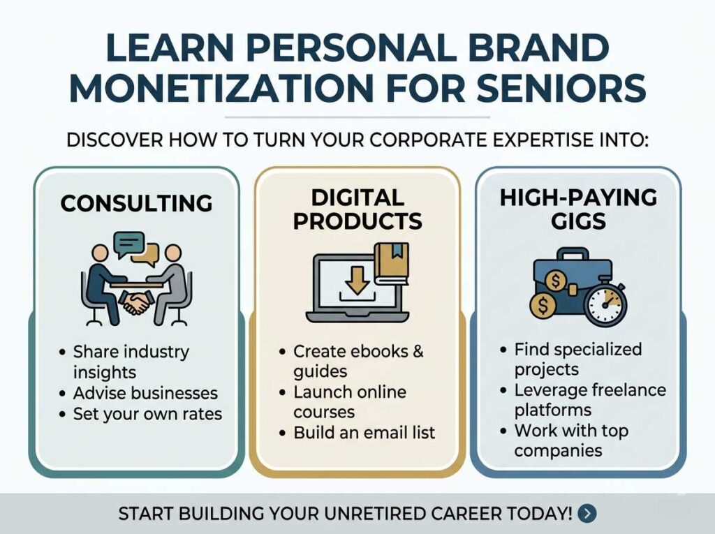Infographic showing personal brand monetization for seniors, focusing on consulting, digital products, and high-paying gig opportunities.