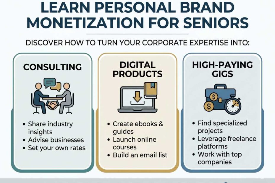 Infographic showing personal brand monetization for seniors, focusing on consulting, digital products, and high-paying gig opportunities.