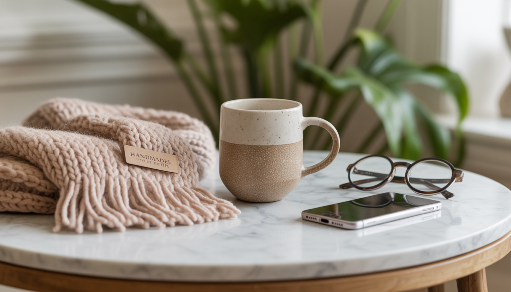 A beautifully styled lifestyle scene featuring a handmade ceramic mug and a knitted throw, showing how premium photography justifies higher prices.