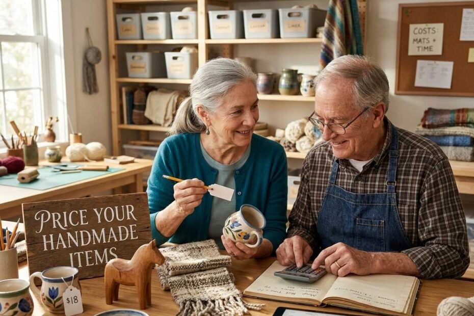 Senior couple in a workshop calculating prices for their handmade crafts and Etsy shop.