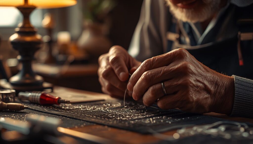 A close-up shot of an experienced artisan's hands meticulously working on a craft, emphasizing the value of labor in pricing handmade items.