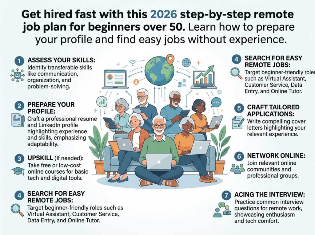 A step-by-step 2026 remote job plan for beginners over 50 showing seniors using laptops for remote work.