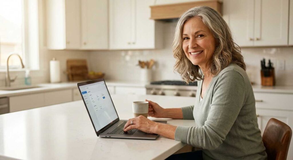 A smiling American woman over 60 working successfully from home on a modern laptop.