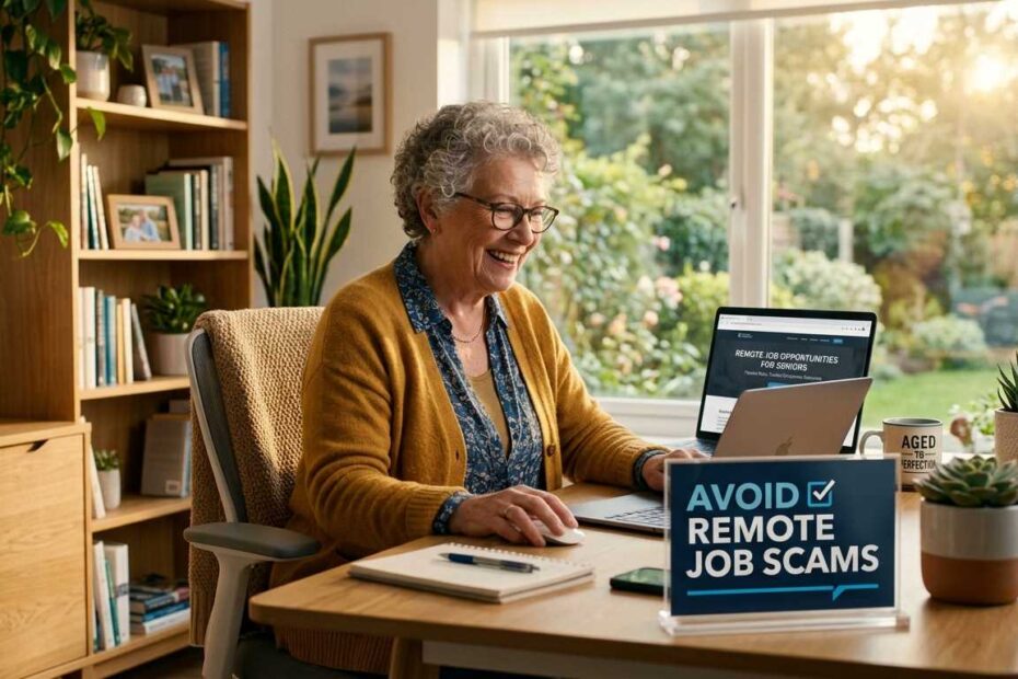 A senior woman working remotely on a laptop with a sign that says Avoid Remote Job Scams.