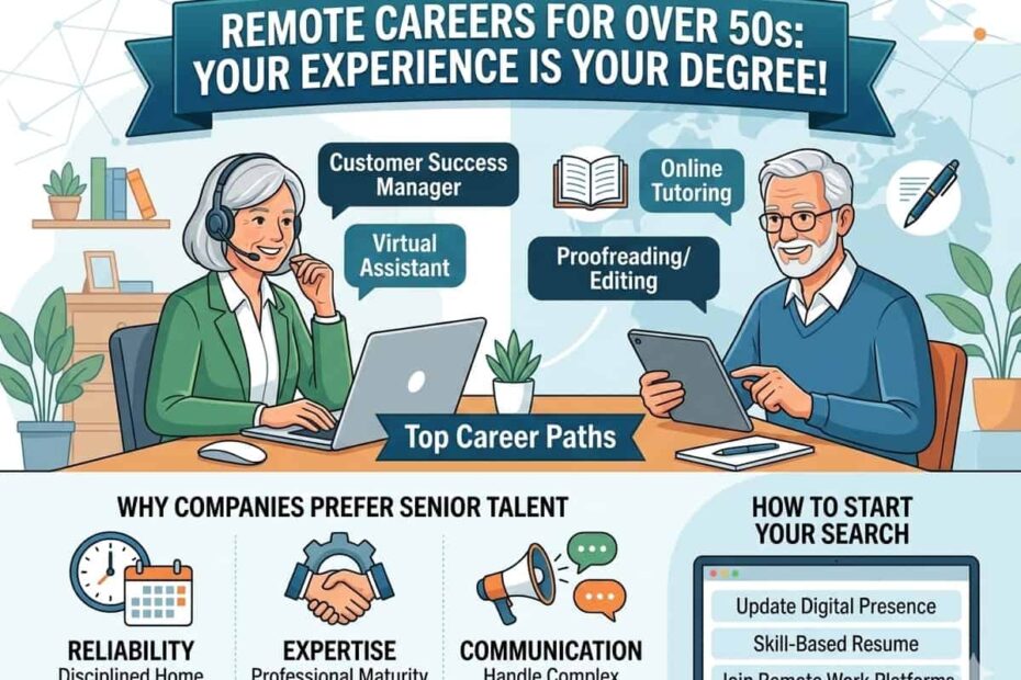 Infographic listing top remote career paths for seniors over 50 including Virtual Assistant, Online Tutoring, and Proofreading.