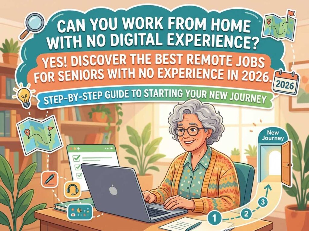 A senior woman working on a laptop at home, representing a step-by-step guide for remote jobs for seniors with no digital experience in 2026.
