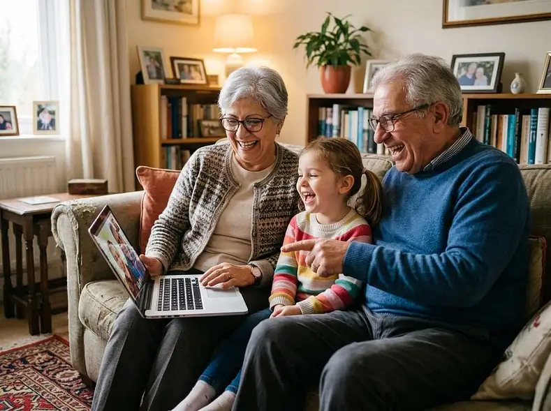 old couple work on laptop with grandchild.