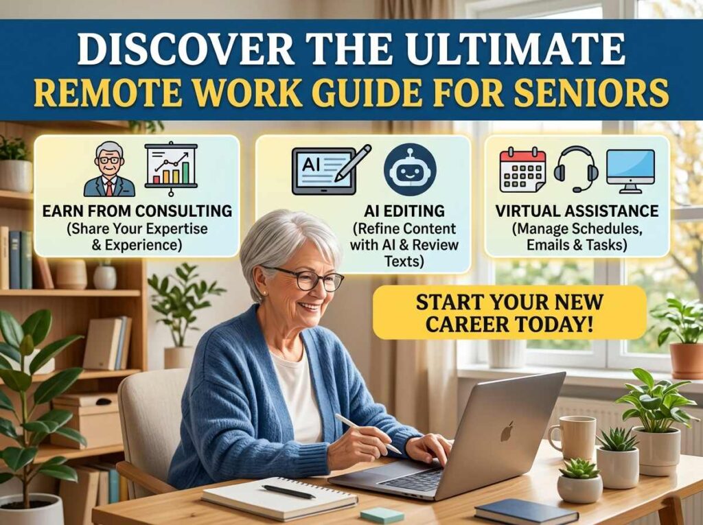 A senior woman working on a laptop at home, remote work guide for seniors including consulting and AI editing.