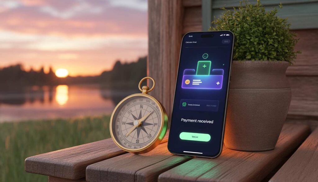 A stylish 3D render of a compass and a smartphone showing a positive bank balance, placed on a wooden porch table with a view of nature.