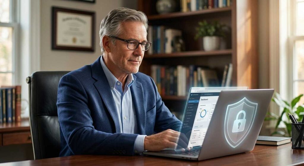 A senior professional reviewing secure data on a laptop with a digital lock icon representing AI privacy.