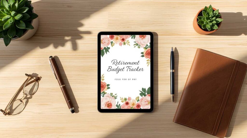 Beautifully designed digital budget planners and journals displayed on a tablet screen next to craft supplies, representing AI digital products for seniors.