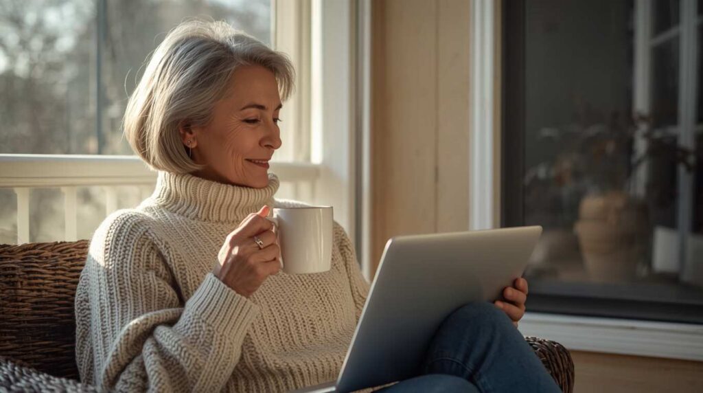An older American woman relaxing with a cup of coffee while editing text on her laptop, showcasing the senior advantage in AI freelance work.
