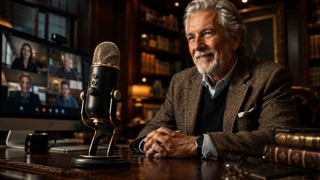 A sleek professional USB microphone standing in front of a slightly blurred, experienced senior consultant, symbolizing high-quality audio that wins client trust.