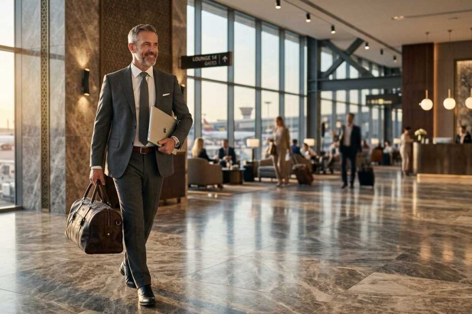 A well-dressed senior consultant walking in a hotel lobby, representing the flexible "Consulting Gigs for Seniors" available.
