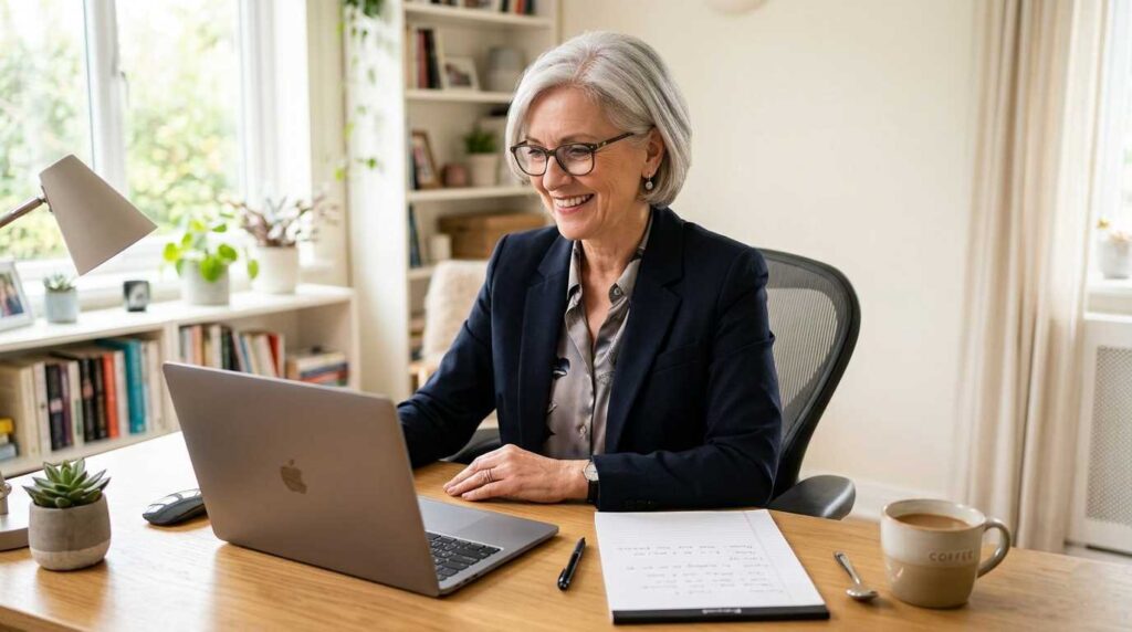 A senior female consultant confidently using AI writing tools in a modern home office.