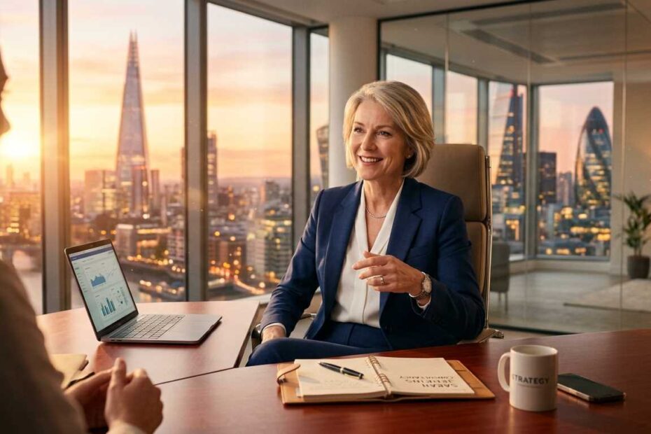 A professional middle-aged consultant in a navy blue suit working in a high-end glass office during sunset.