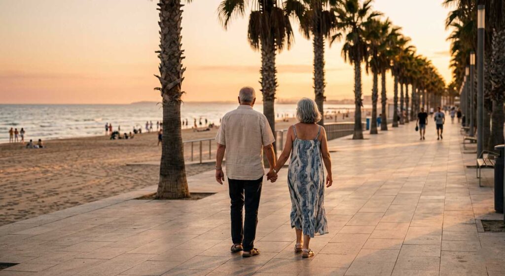 Seniors’ Guide to Valencia: Elderly couple walking on the accessible Malvarrosa beach promenade.