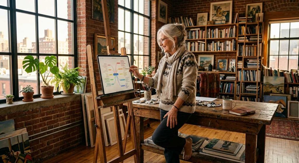 A senior woman in a creative studio using a tablet and AI to outline her first book.