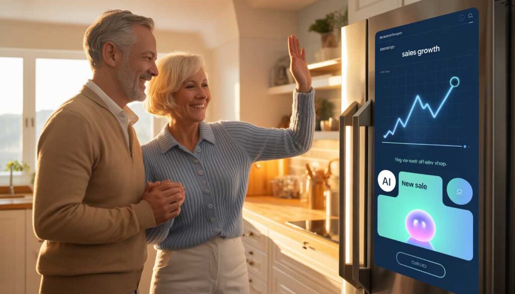 A senior American couple in a modern kitchen, looking at a digital display showing their online business growth.