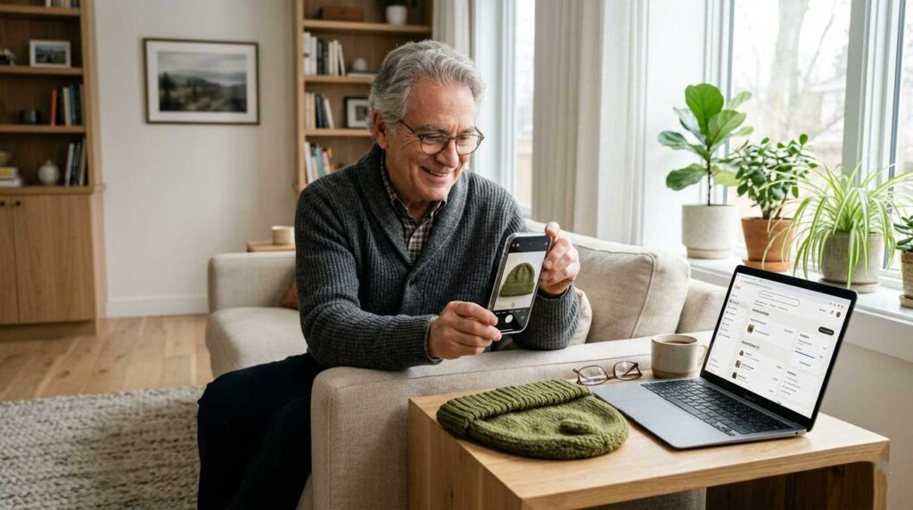Senior male taking product photos of knits with a smartphone