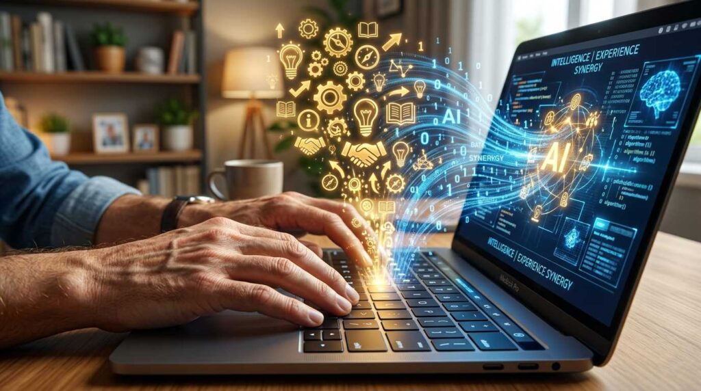 Close up of experienced hands typing on a modern keyboard with AI holographic elements.