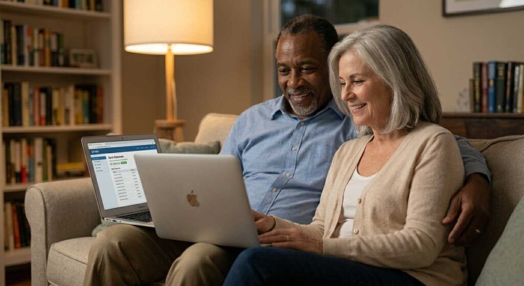 A retired couple reviewing their increased monthly income from home-based virtual project management.
