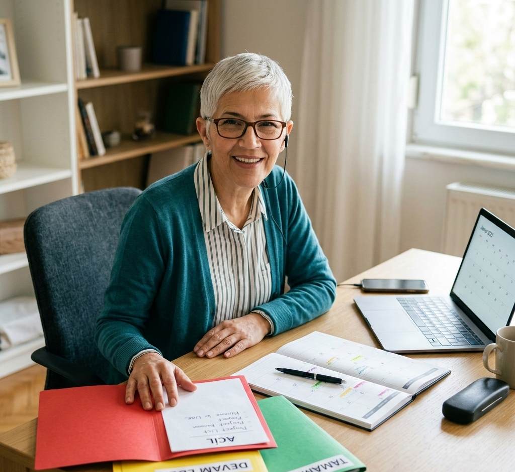 A productive senior freelancer organizing projects using a color-coded folder system and a master calendar at a modern home office desk.