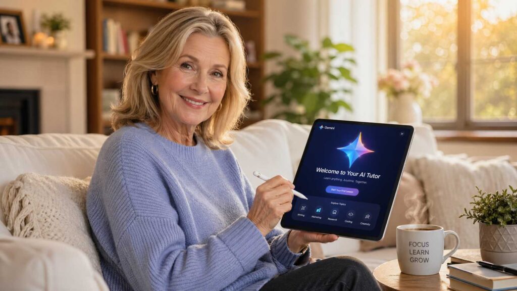 An older woman using Gemini AI as a personal tutor for digital marketing.