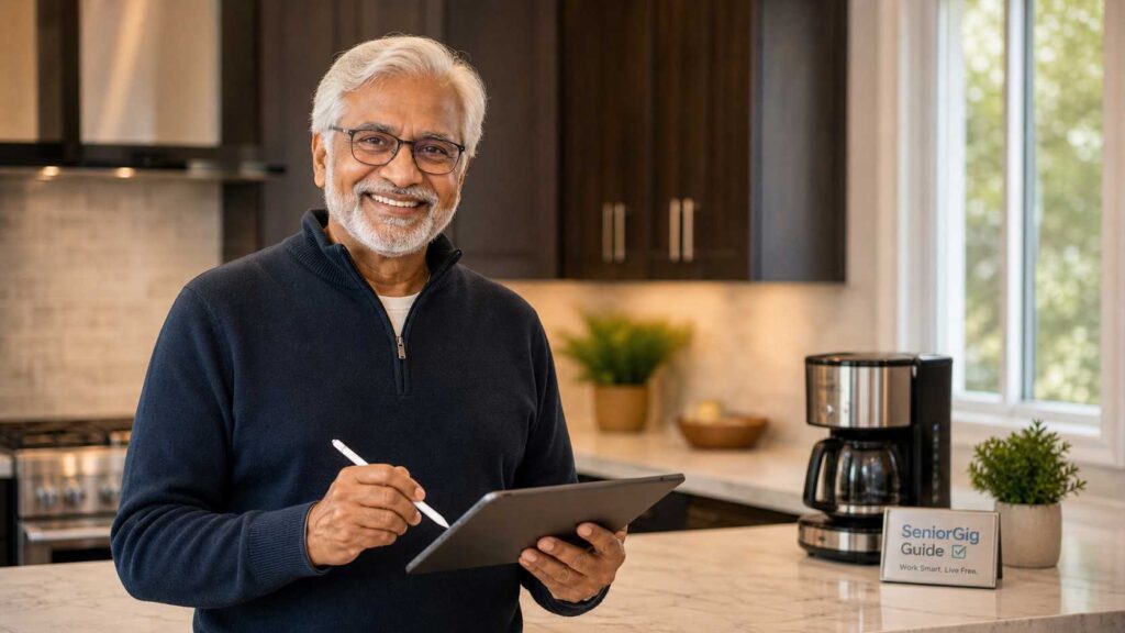A happy and proud senior Indian man (the same subject as image_0.png) smiling confidently at the camera from his cozy kitchen island, holding a tablet and a smart pen.