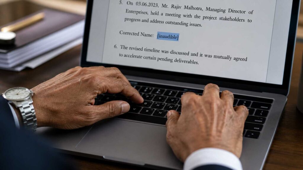 Detail shot of the senior Indian man's hands with a silver watch, typing on a modern laptop keyboard while reviewing text on the screen.