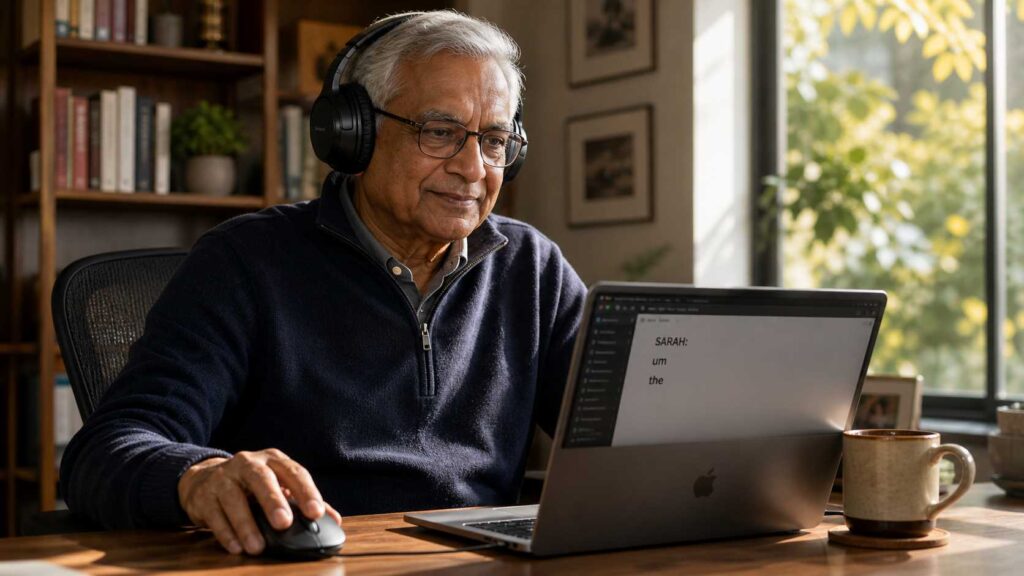 Close-up of the smiling senior Indian man from the featured image, focusing intensely on his laptop screen while wearing headphones.
