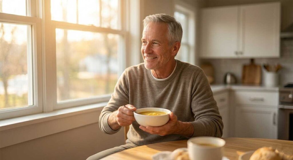 A happy senior American couple enjoying a healthy lunch in a sunlit kitchen.
