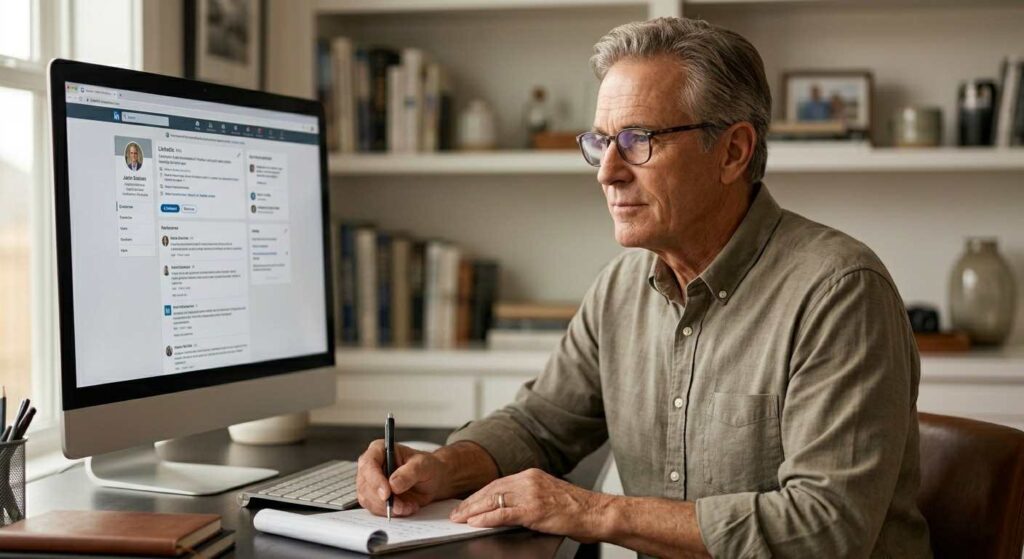 An older American male professional analyzing his career skills for a remote job plan.